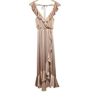 Show Me Your Mumu Samantha Ruffle Wrap Dress XS Champagne‎ Luxe Satin Gown